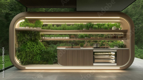 a futuristic kitchen dream design apartment set in the near future, stylistic furniture, dark wooden elements, electronic devices, home plant. photo