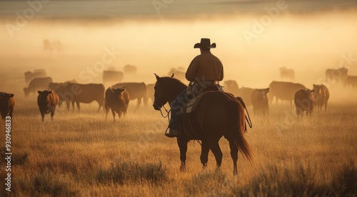 A skilled cowboy on horseback expertly navigates a moving herd of cattle across the picturesque misty fields at sunrise, beautifully illustrating the enchanting and hardworking life of ranch life
