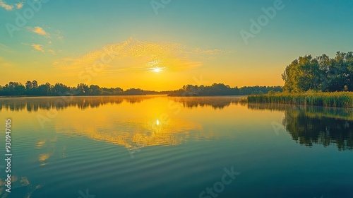 sunset at coast of the lake. Nature landscape. Nature in northern Europe. reflection, blue sky and yellow sunlight. landscape during sunset , ai