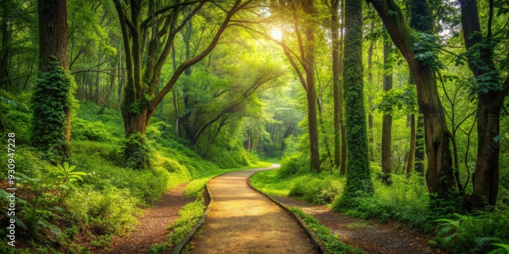 Obraz premium A picturesque path winding through a lush forest , nature, adventure, outdoors, hiking, trail, trees, foliage