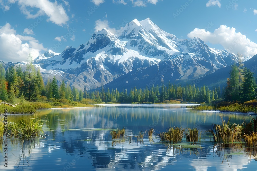 Fototapeta premium Serene Mountain Lake Reflects Snow-Capped Peak in Landscape