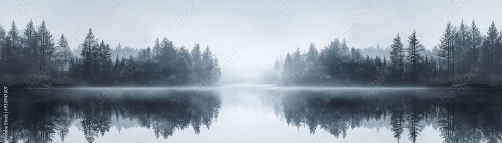 Fototapeta premium Serene foggy landscape featuring a tranquil lake and silhouette of evergreen trees, evoking calmness and natural beauty.