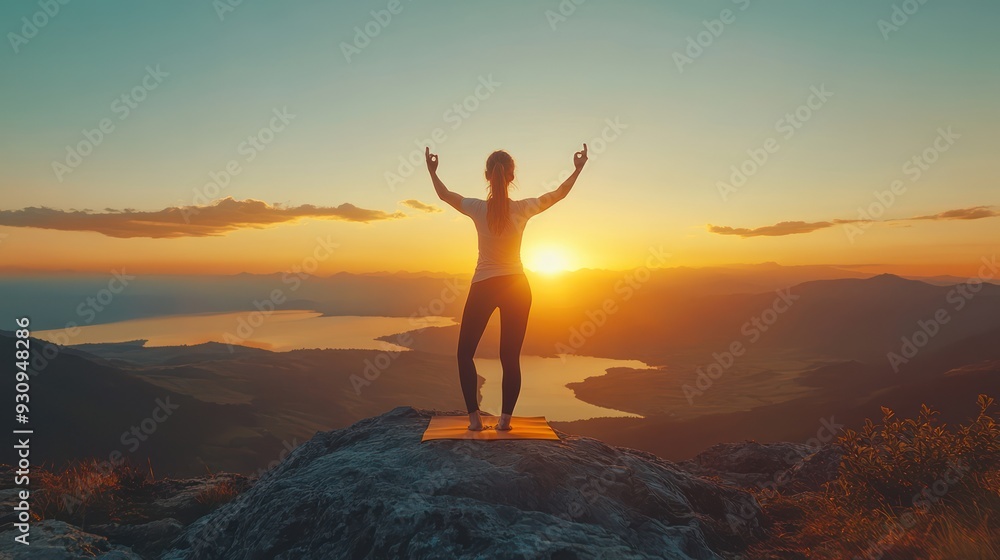 Fototapeta premium A woman yoga on a mountaintop with sunrise