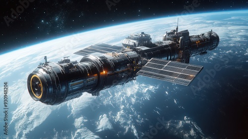 Wallpaper Mural space station orbiting a distant planet with multiple docking ports and solar panel Torontodigital.ca