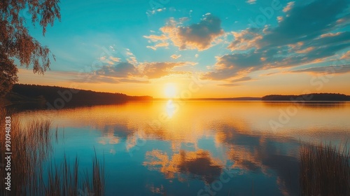 Wallpaper Mural sunset at coast of the lake. Nature landscape. Nature in northern Europe. reflection, blue sky and yellow sunlight. landscape during sunset , ai Torontodigital.ca
