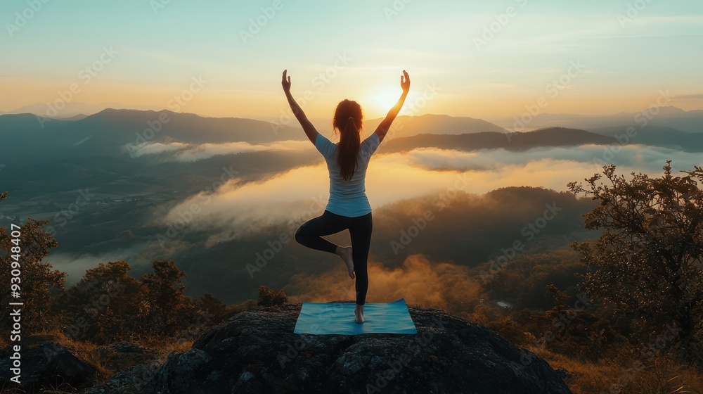 A woman yoga on a mountaintop with sunrise A woman yoga on a mountaintop with sunrise