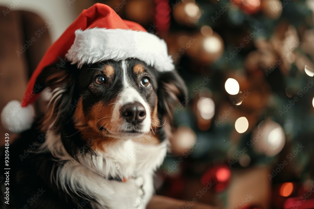 Dog in Santa hat with decorated Christmas tree background Dog in Santa hat with decorated Christmas tree background
