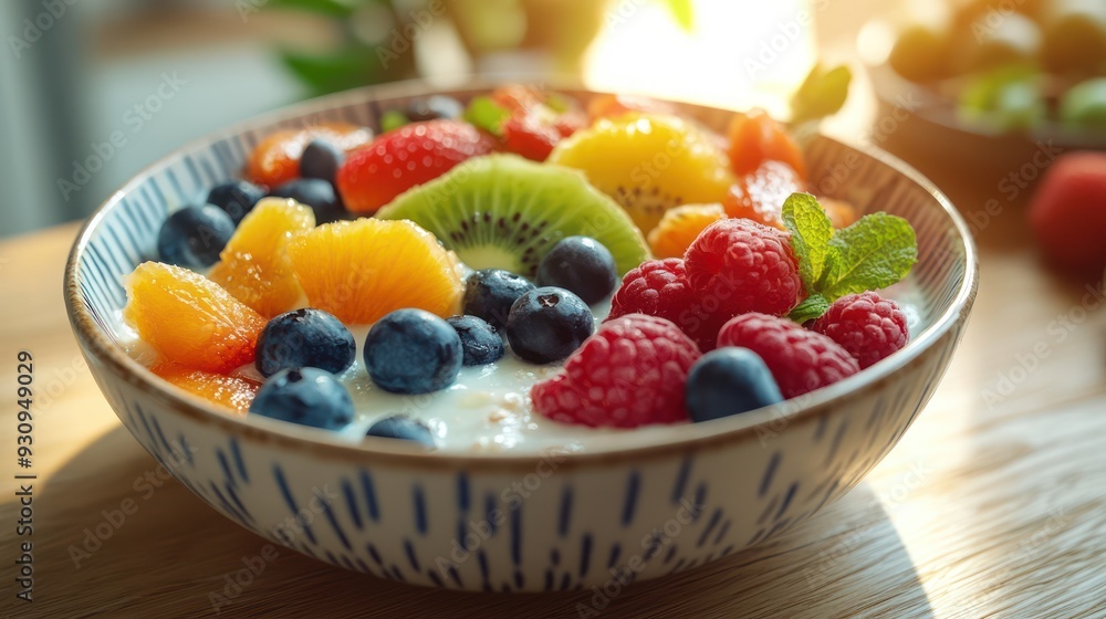Healthy breakfast bowl with vibrant fruits on table Healthy breakfast bowl with vibrant fruits on table