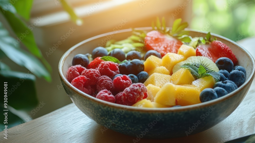 Healthy breakfast bowl with vibrant fruits on table Healthy breakfast bowl with vibrant fruits on table