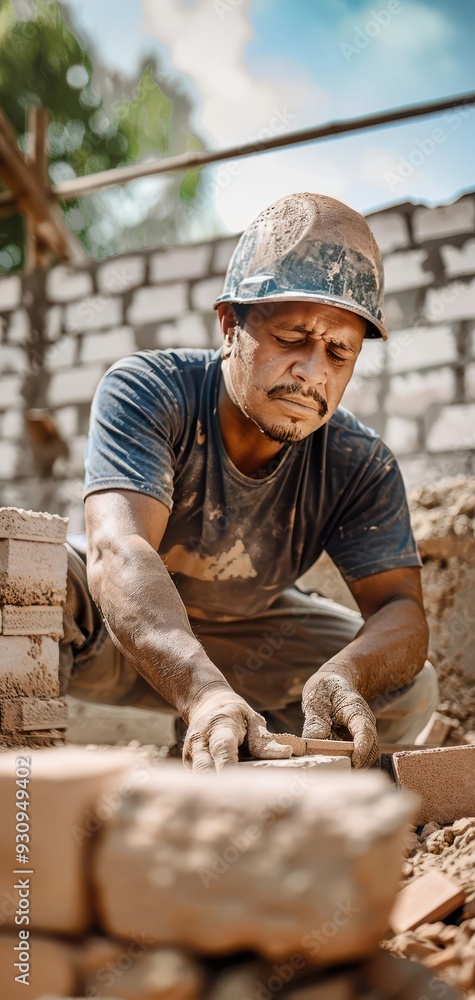 Construction worker laying bricks at a building site with focus and dedication, wearing a hard hat and covered in dirt under a blue sky. Construction worker laying bricks at a building site with focus and dedication, wearing a hard hat and covered in dirt under a blue sky.