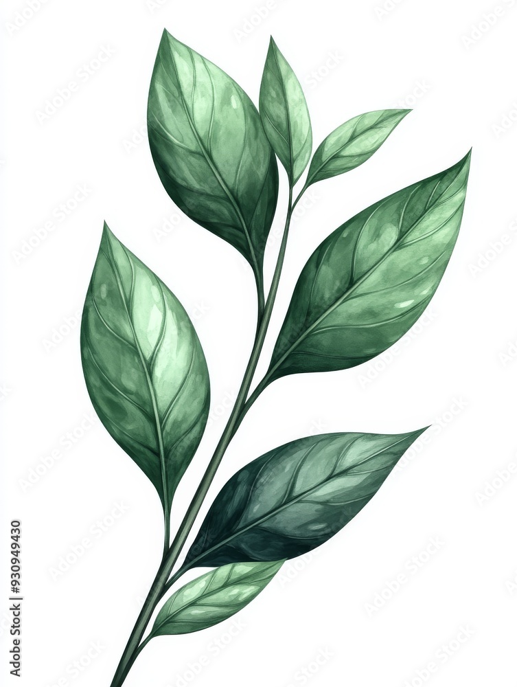 Watercolor Painting of a Green Branch with Leaves Watercolor Painting of a Green Branch with Leaves