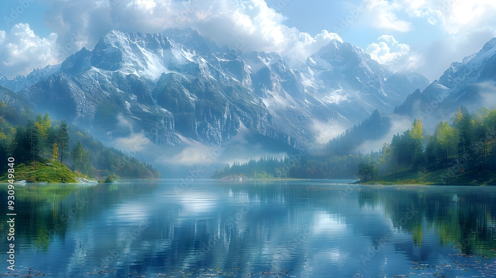 Fototapeta premium Majestic Mountain Lake Shrouded in Ethereal Mist and Tranquil Serenity