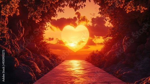 Stunning Sunrise Over a Mystical Road to Love's Portal, Heart-Shaped Gateway Amidst a Cinematic Sky, Photorealistic Journey of Passion and Warmth photo