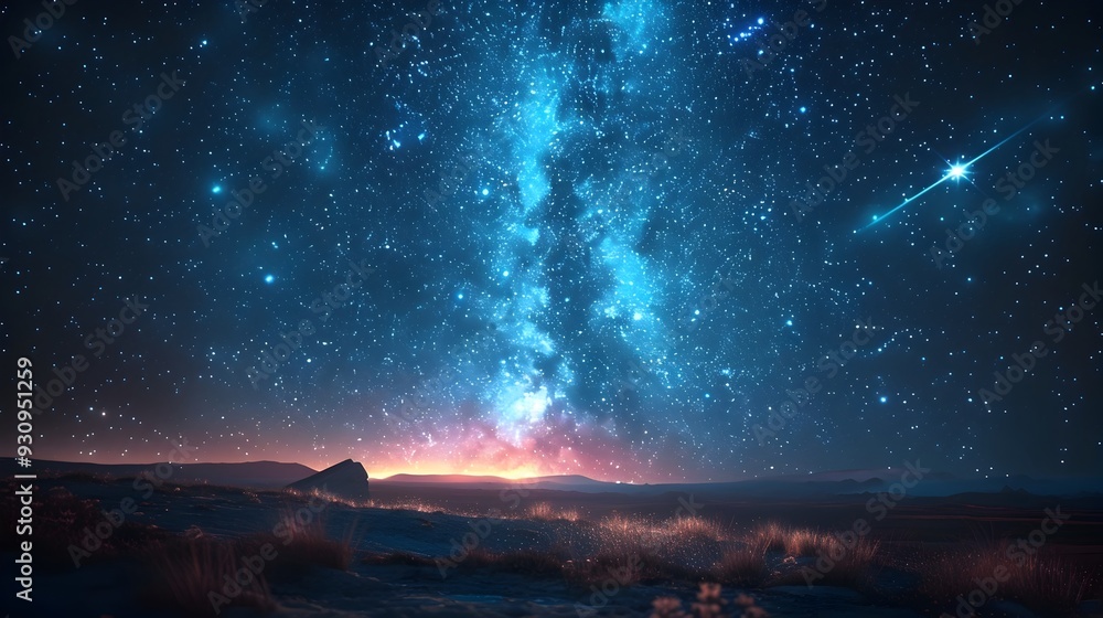 Dreamy Celestial Night Sky with Shimmering Meteor Shower and Twinkling Stars Dreamy Celestial Night Sky with Shimmering Meteor Shower and Twinkling Stars