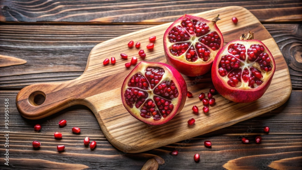 Fresh pomegranate slices on a wooden cutting board , ripe, red, pomegranates, fruit, healthy, antioxidant, juicy, organic Fresh pomegranate slices on a wooden cutting board , ripe, red, pomegranates, fruit, healthy, antioxidant, juicy, organic