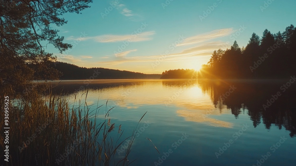 Fototapeta premium sunset at coast of the lake. Nature landscape. Nature in northern Europe. reflection, blue sky and yellow sunlight. landscape during sunset , ai