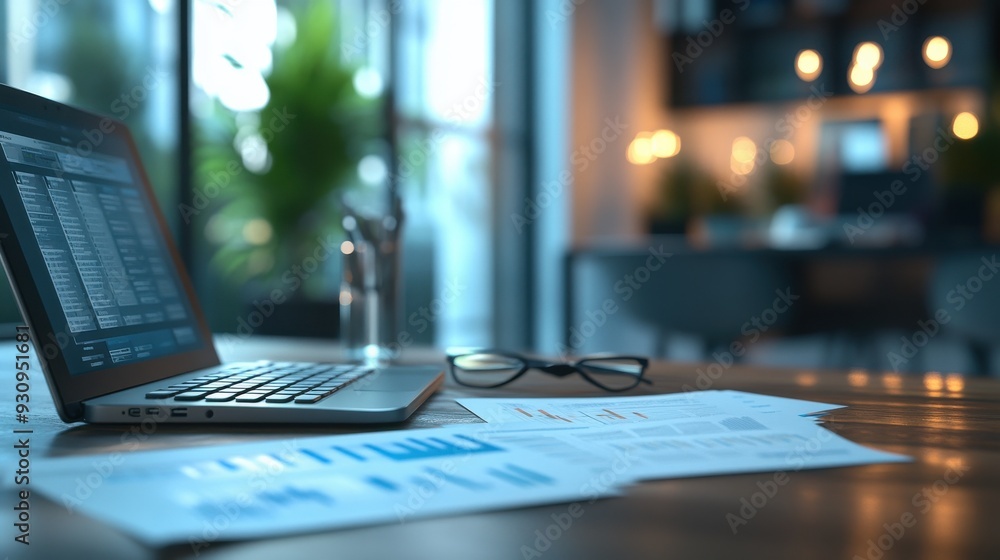 a business workspace featuring a laptop displaying financial data and a calculator on a wooden desk. Papers with VAT calculations are prominently displayed. a business workspace featuring a laptop displaying financial data and a calculator on a wooden desk. Papers with VAT calculations are prominently displayed.