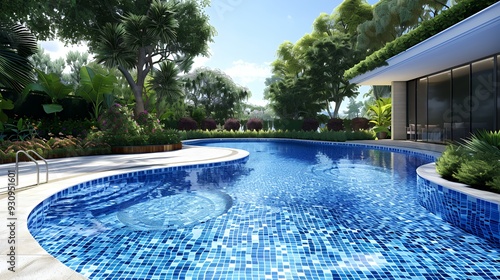 A luxurious swimming pool with a curved design, surrounded by lush greenery and a modern building.