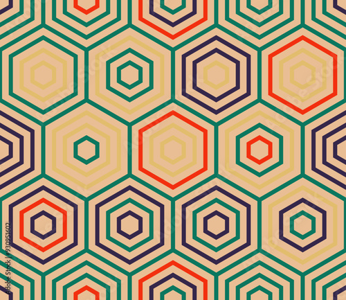 Hexagon pattern. Simple stacked hexagons pattern. Large hexagons. Multiple tones color palette. Seamless pattern. Tileable vector illustration.