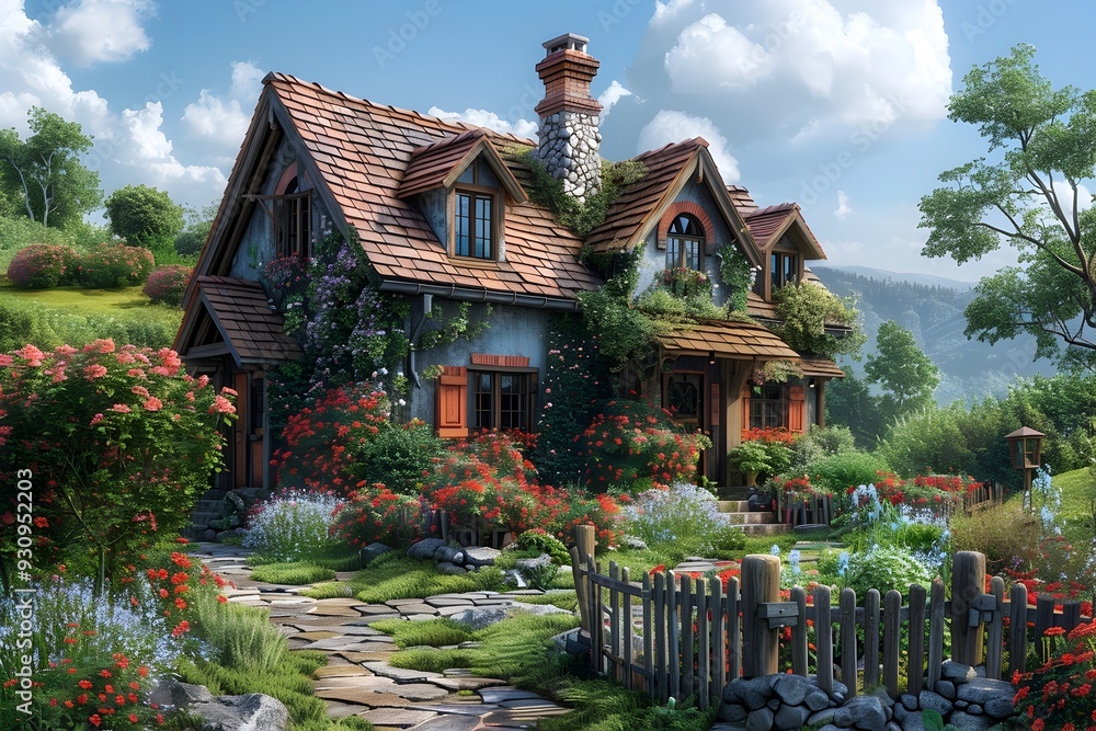 Obraz premium Charming Rustic Farmhouse Surrounded by Blooming Flowers and Picket Fence in Picturesque Country Landscape