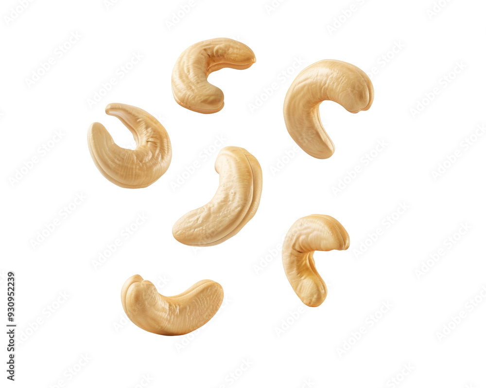 A collection of cashew nuts arranged on a white background. A collection of cashew nuts arranged on a white background.
