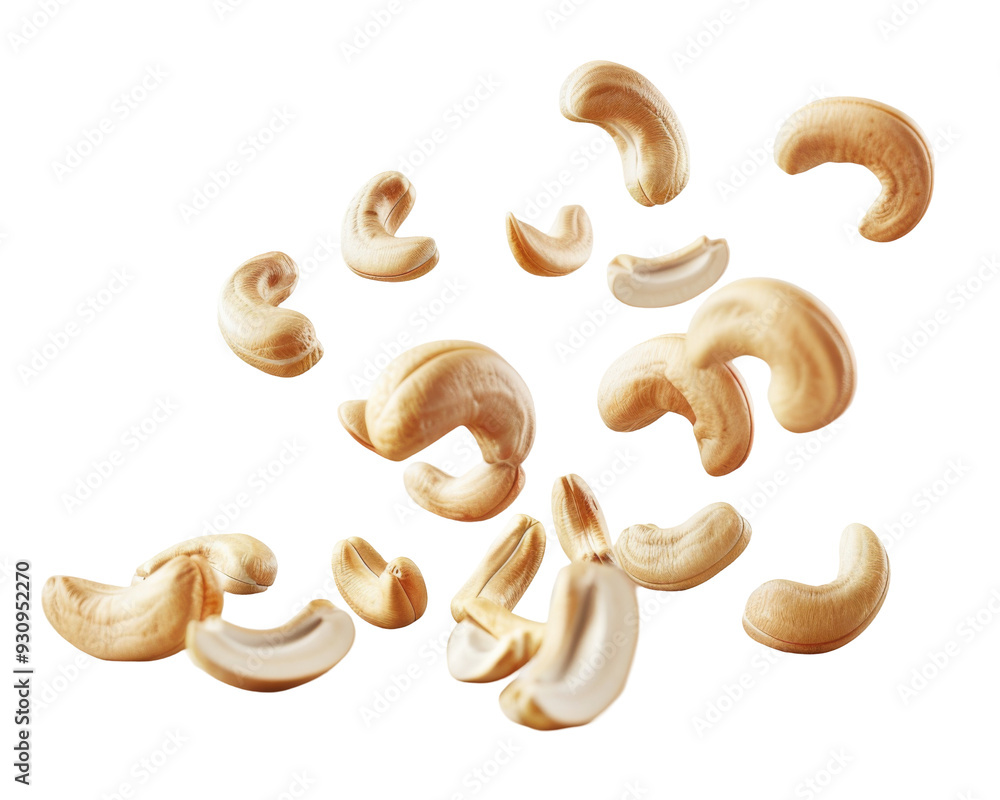 A collection of cashew nuts scattered on a surface. A collection of cashew nuts scattered on a surface.