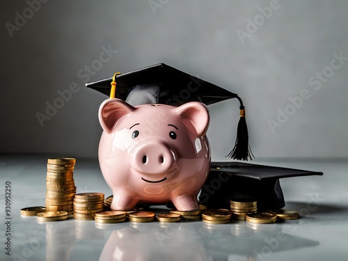 Piggy bank with coins and black graduation cap as a symbol of education loan