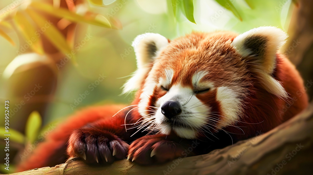 Adorable sleeping red panda curled up and resting peacefully on a tree ...
