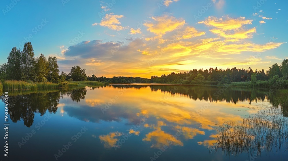 Obraz premium sunset at coast of the lake. Nature landscape. Nature in northern Europe. reflection, blue sky and yellow sunlight. landscape during sunset , ai