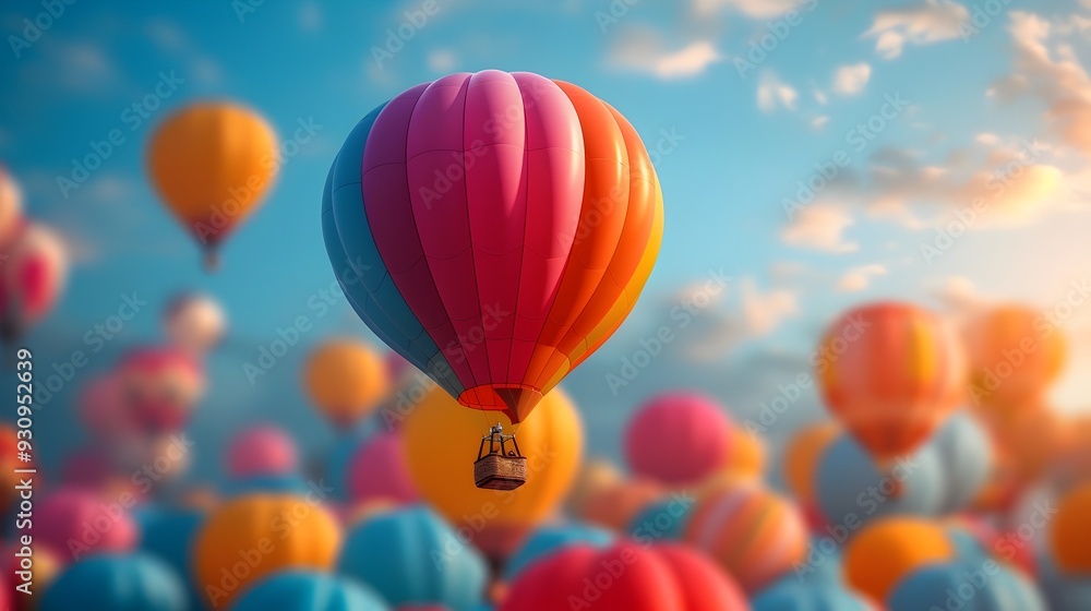 Obraz premium Playful and Colorful Hot Air Balloons Soaring in a Bright Blue Sky during a Festive