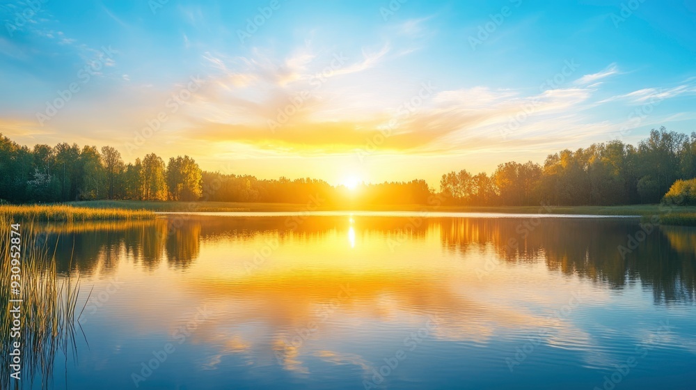 Fototapeta premium sunset at coast of the lake. Nature landscape. Nature in northern Europe. reflection, blue sky and yellow sunlight. landscape during sunset , ai
