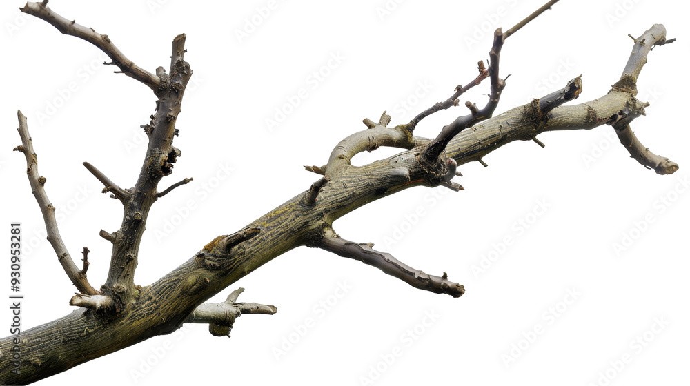 A dry tree branch with several twigs extending from it. A dry tree branch with several twigs extending from it.