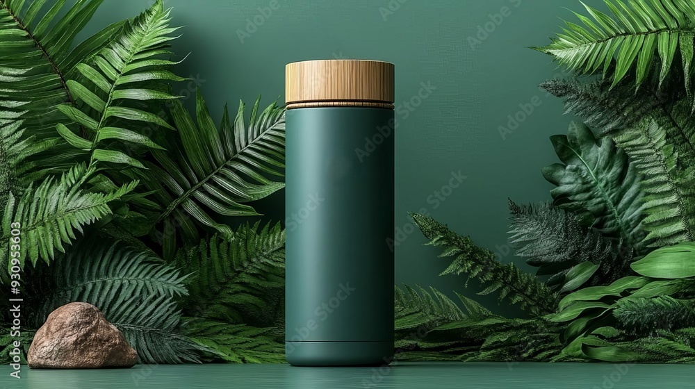 A Eco-friendly water bottle, bamboo lid, earthy textures, lush green background, 3D illustration A Eco-friendly water bottle, bamboo lid, earthy textures, lush green background, 3D illustration