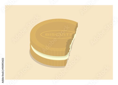 Bitten vanilla cream biscuit. Simple flat illustration.