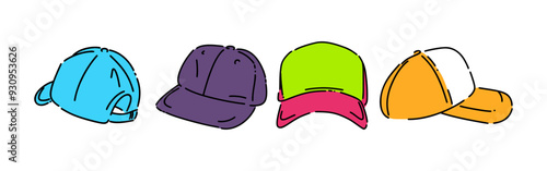 Set line drawing of baseball cap, trucker hat. Isolated on white background. Colored vector illustration.