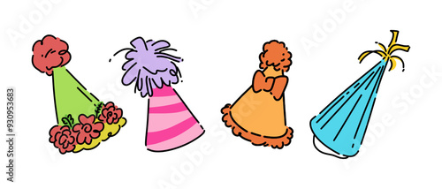 Set line drawing of party hat, birthday hat. Isolated on white background. Colored vector illustration.