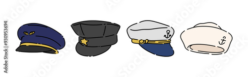 Set line drawing of police hat, sailor cap, pilot hat. Isolated on white background. Colored vector illustration.