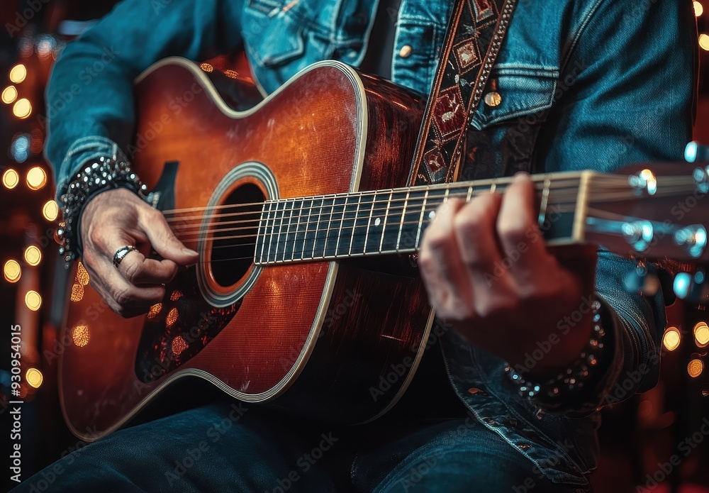 Obraz premium Musician Strumming an Acoustic Guitar in a Dimly Lit Room with String Lights in the Background