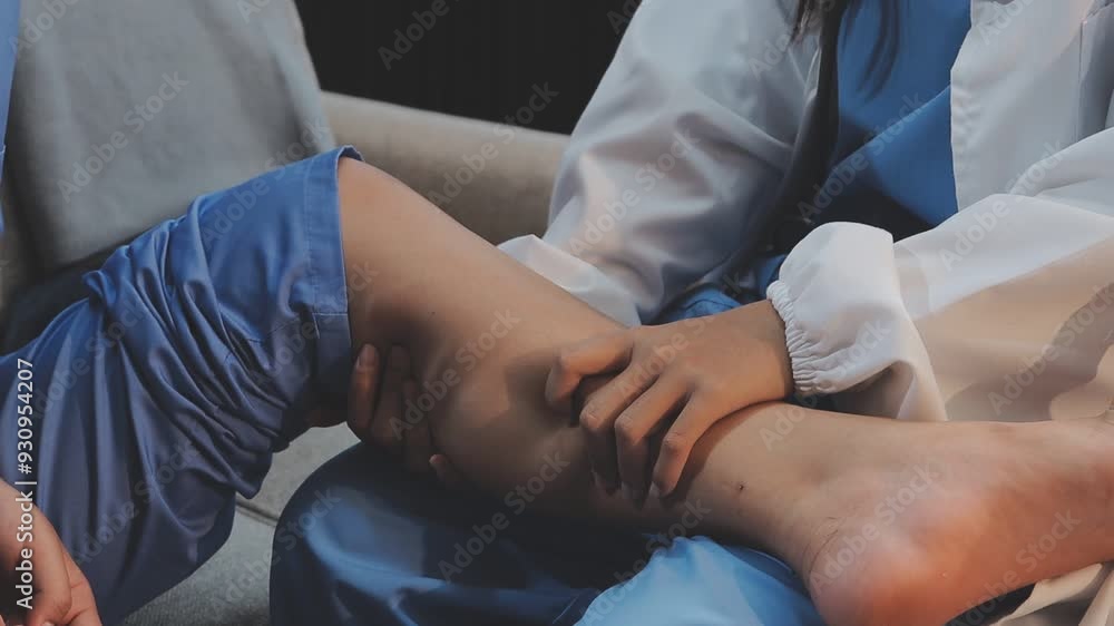 Physical therapists work with patients in close-up clinics. The concept of rehabilitation of physical health, the doctor gives advice to the patient. Ankle problems and muscle injuries Physical therapists work with patients in close-up clinics. The concept of rehabilitation of physical health, the doctor gives advice to the patient. Ankle problems and muscle injuries