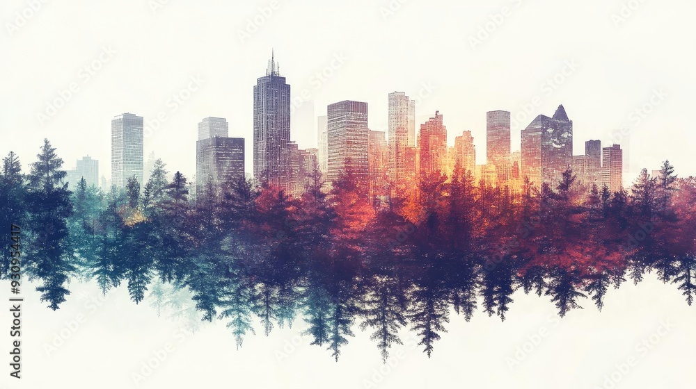 Obraz premium A beautiful blend of urban skyline and serene forest, showcasing the harmony between nature and city life.