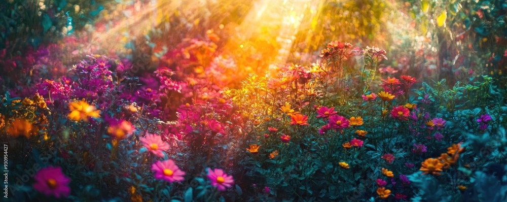 A vibrant meadow filled with colorful flowers, illuminated by warm sunlight, creating a picturesque and serene landscape. A vibrant meadow filled with colorful flowers, illuminated by warm sunlight, creating a picturesque and serene landscape.