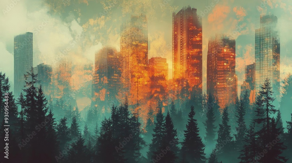 A surreal blend of urban skyscrapers and lush forests, showcasing a dreamlike contrast between nature and city life. A surreal blend of urban skyscrapers and lush forests, showcasing a dreamlike contrast between nature and city life.