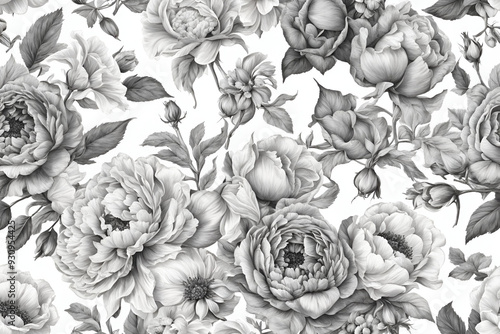 Seamless vvintage pattern with bouquet of blue flowers on a white background. Peonies, roses, sweet peas, bell. Monochrome photo