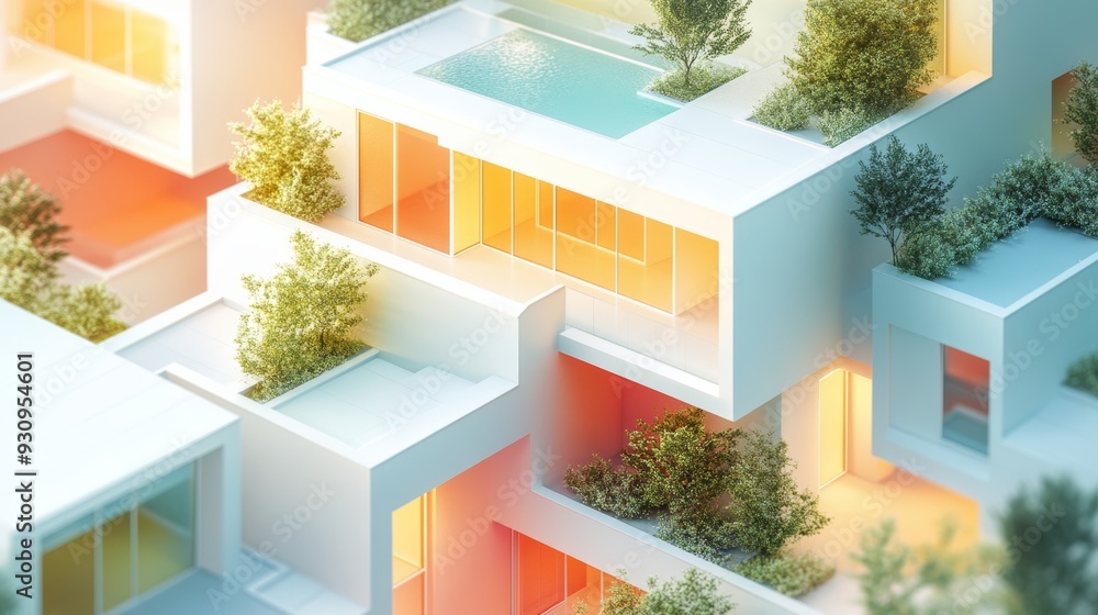 Energy-efficient building flat design top view smart architecture theme 3D render colored pastel Energy-efficient building flat design top view smart architecture theme 3D render colored pastel
