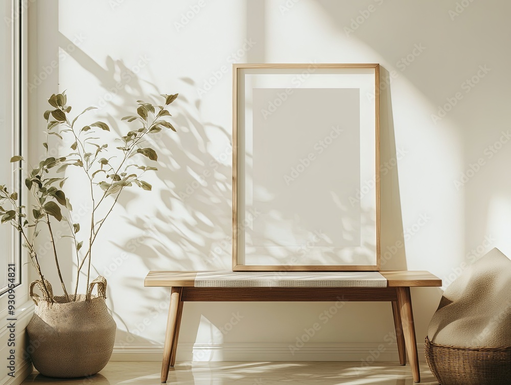 A mahogany wood picture frame placed on a minimalist bench in a sunlit hallway, with the frame positioned slightly off-center. The natural lighting and surrounding decor create a serene, balanced A mahogany wood picture frame placed on a minimalist bench in a sunlit hallway, with the frame positioned slightly off-center. The natural lighting and surrounding decor create a serene, balanced