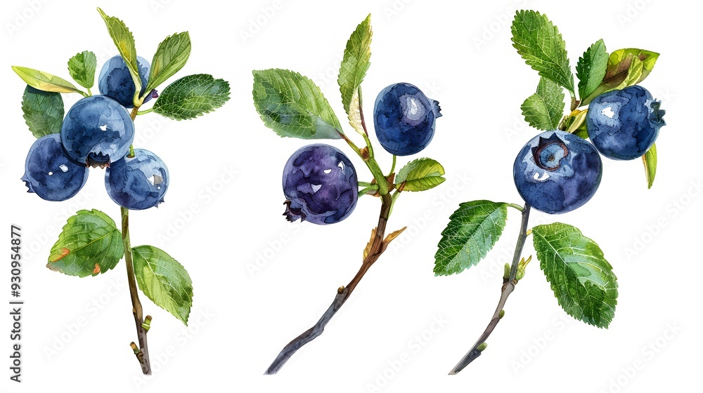 Three watercolor illustrations of blueberry branches with blue berries and green leaves. Three watercolor illustrations of blueberry branches with blue berries and green leaves.