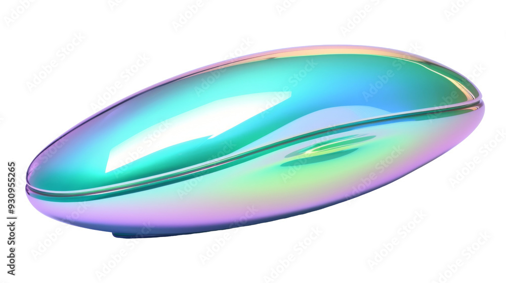 A sleek, iridescent capsule-like object with a smooth surface. A sleek, iridescent capsule-like object with a smooth surface.