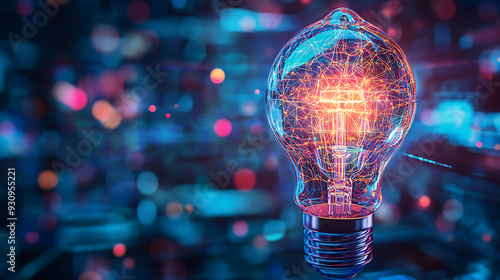 A close-up of a light bulb with intricate, bright digital patterns inside, symbolizing a high-tech idea generation process 