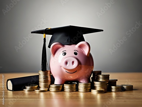 Piggy bank with coins and black graduation cap as a symbol of education loan