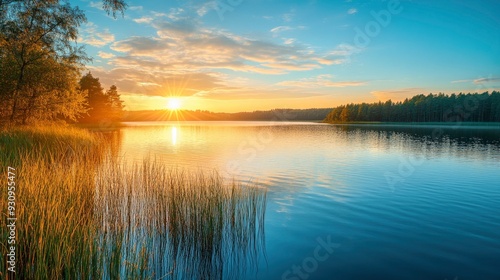 Wallpaper Mural sunset at coast of the lake. Nature landscape. Nature in northern Europe. reflection, blue sky and yellow sunlight. landscape during sunset , ai Torontodigital.ca